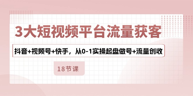 3大短视频平台流量获客，抖音+视频号+快手，从0-1实操起盘做号+流量创收-蓝天项目网