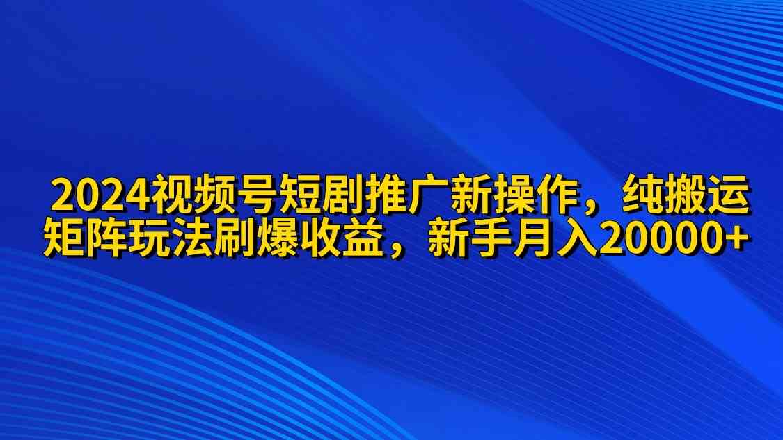 （9916期）2024视频号短剧推广新操作 纯搬运+矩阵连爆打法刷爆流量分成 小白月入20000-蓝天项目网