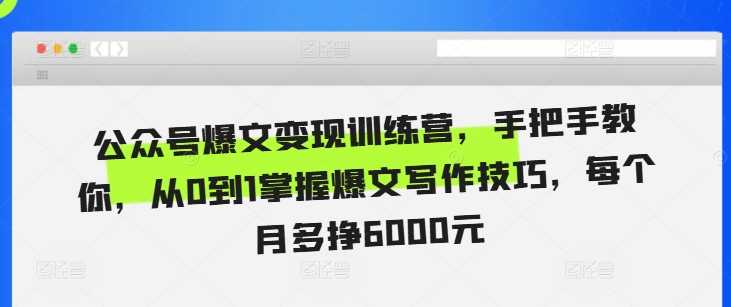 公众号爆文变现训练营，手把手教你，从0到1掌握爆文写作技巧，每个月多挣6000元-蓝天项目网