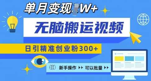 无脑搬运视频号可批量复制，新手即可操作，日引精准创业粉300+，月变现过W 【揭秘】-蓝天项目网