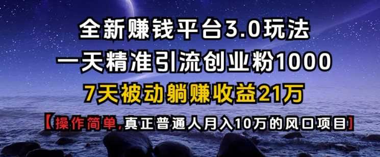 全新赚钱平台3.0玩法一天精准引流创业粉1000.7天被动躺Z收益21W【仅揭秘】-蓝天项目网